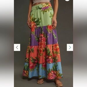Farm Rio x Anthropologie Tiered Floral Maxi Skirt M Multicolored Boho Tropical